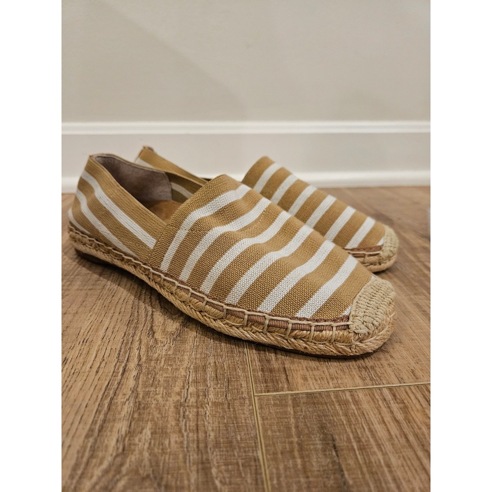 Vionic Valeri Espadrille Flats Womens 8 Tan White Stripe Slip On Comfort Shoes